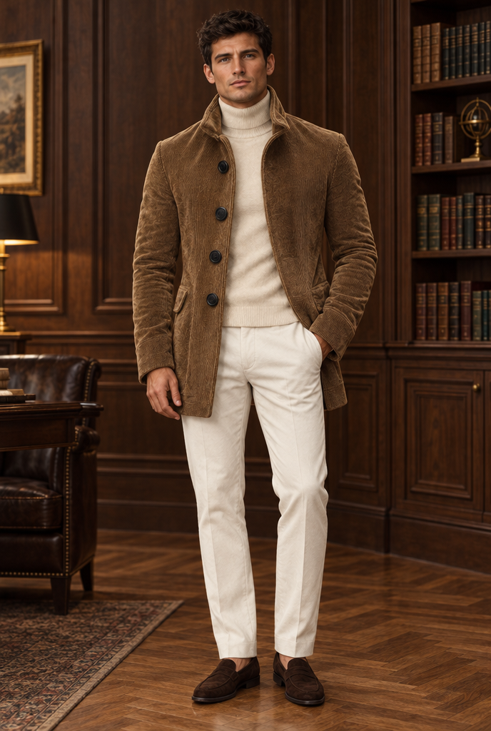 Camel corduroy jacket in a wood-panelled study