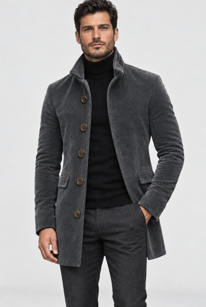Charcoal grey corduroy jacket, studio