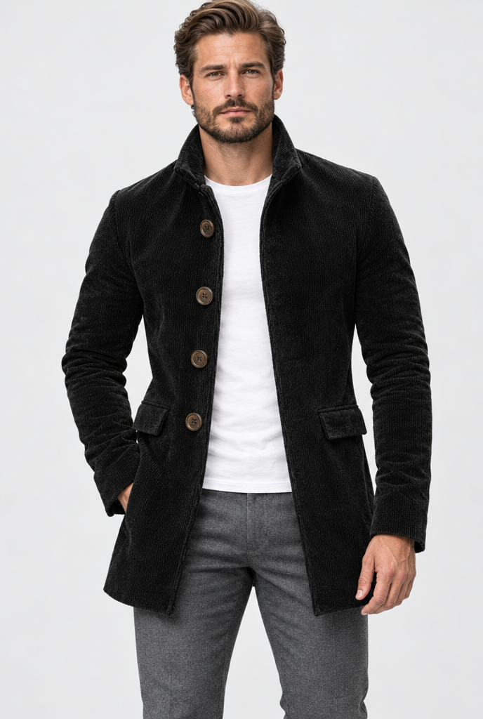 Black corduroy jacket, studio