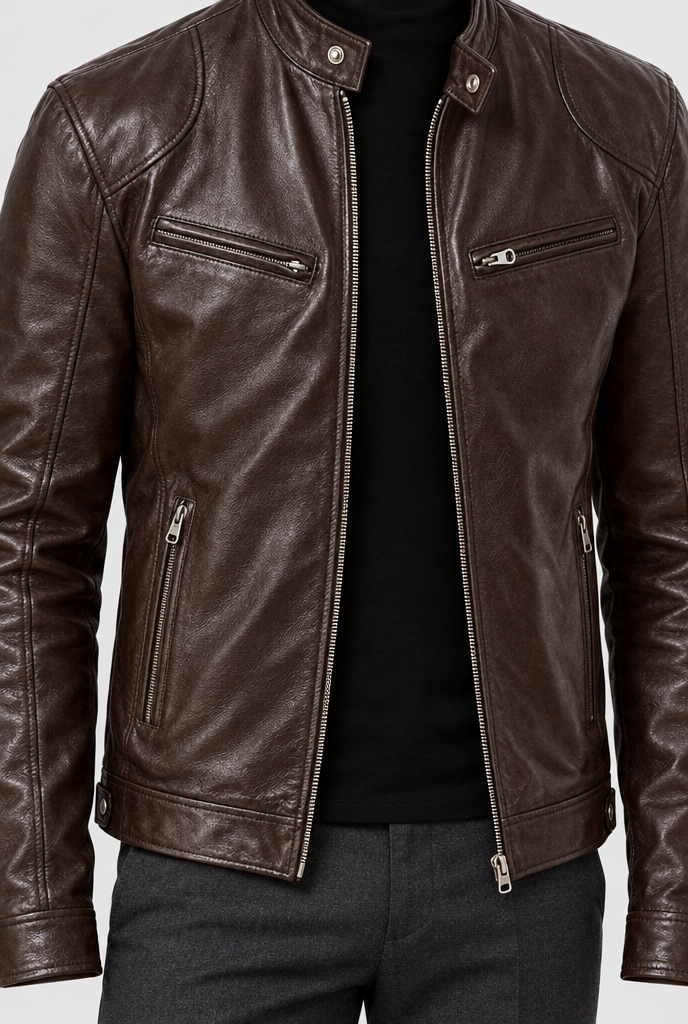 Brown leather-look moto jacket, pocket detail