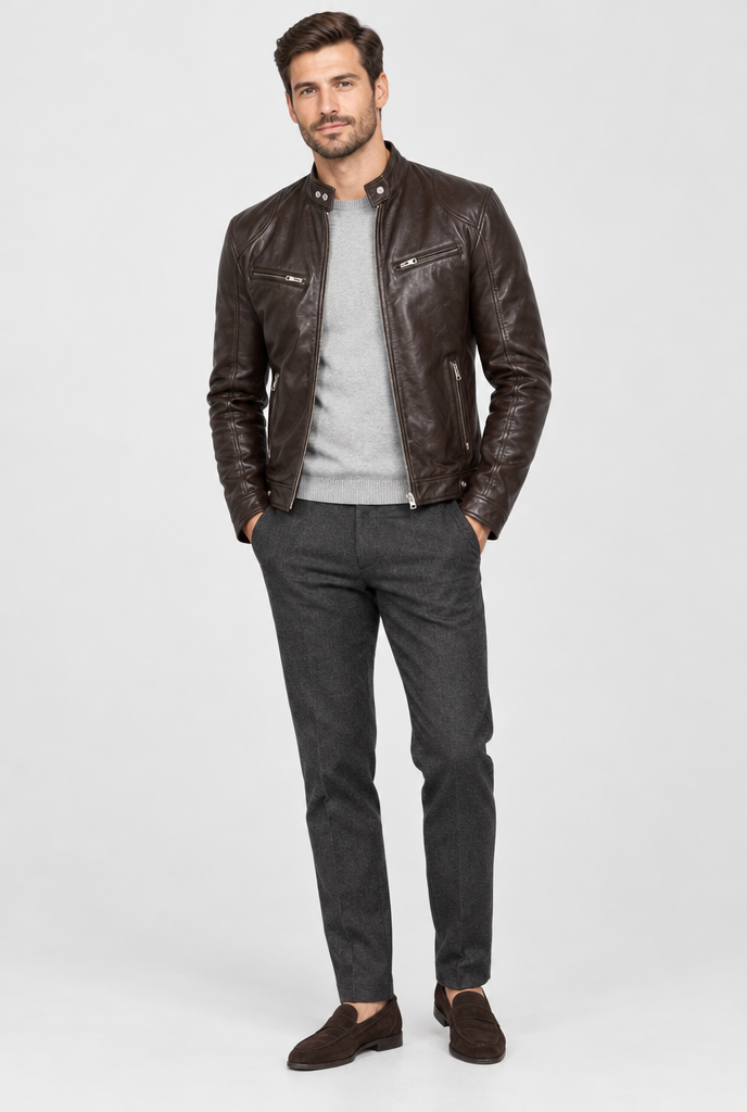 Brown leather-look moto jacket, full body