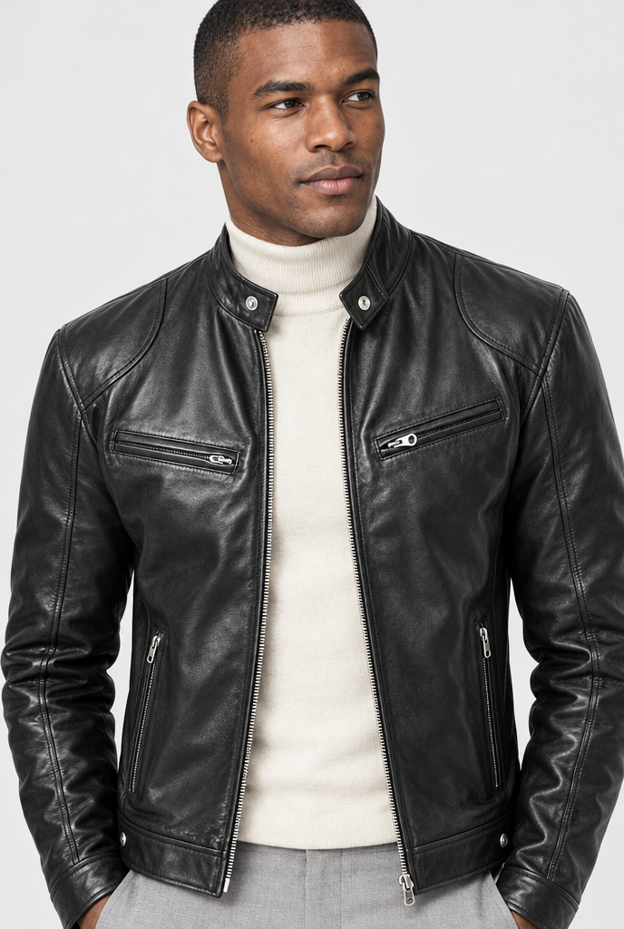 Black leather-look moto jacket, collar close-up
