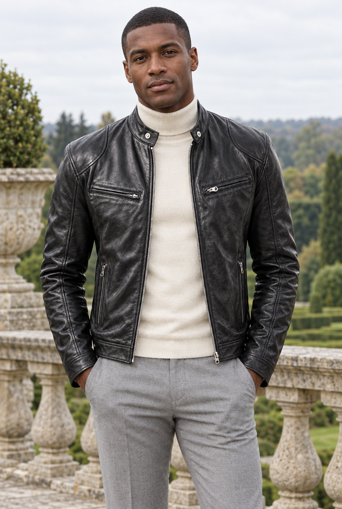 Black leather-look moto jacket, lifestyle