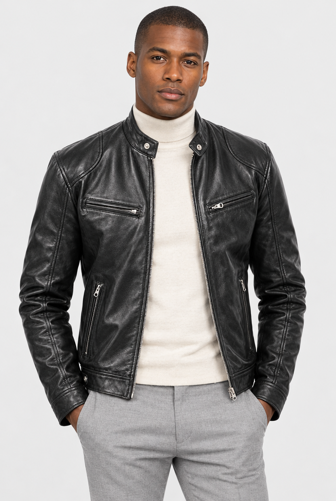 Black leather-look moto jacket, studio hero
