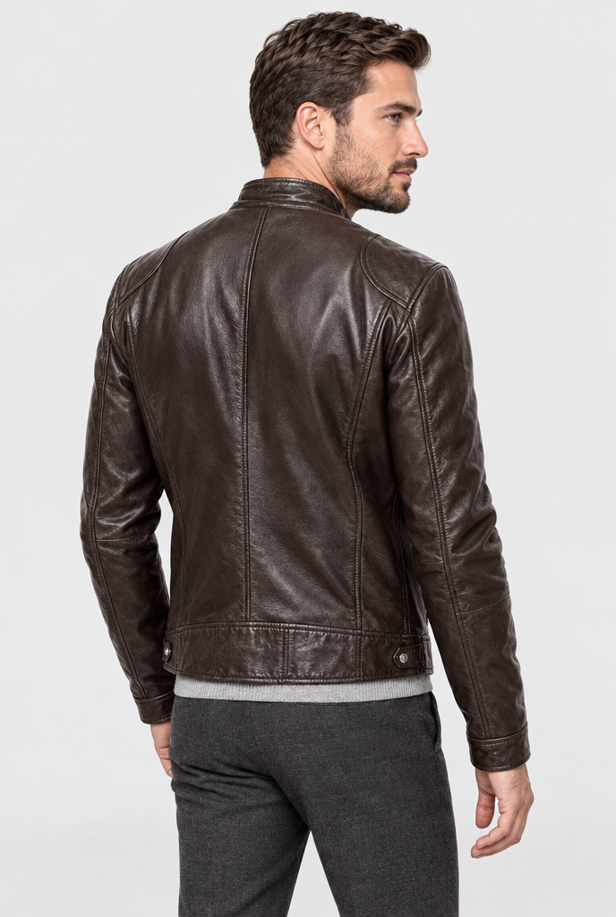 Brown leather-look moto jacket, back view