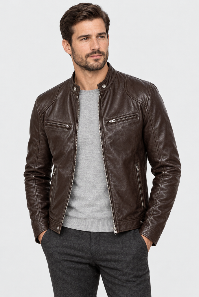Brown leather-look moto jacket, studio hero