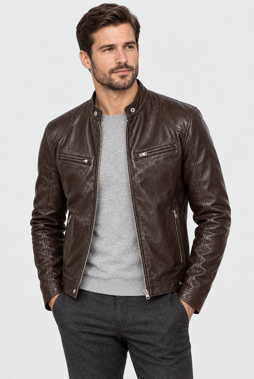 Blouson biker ajusté col montant en simili cuir — Marron — photo studio