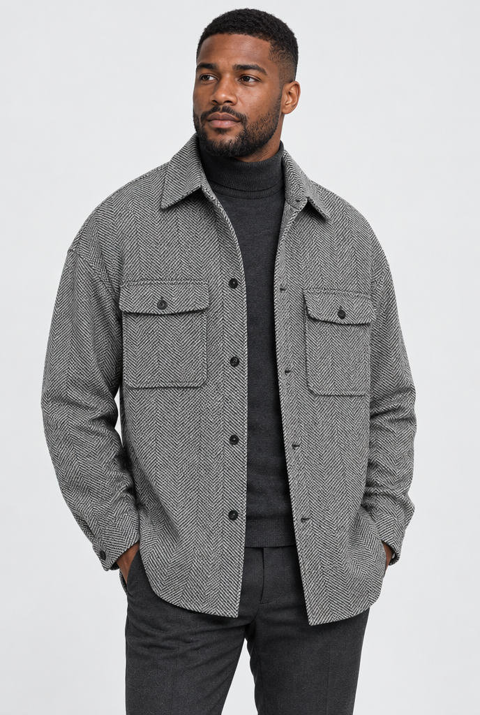 Grey Herringbone wool-look shirt jacket, hero