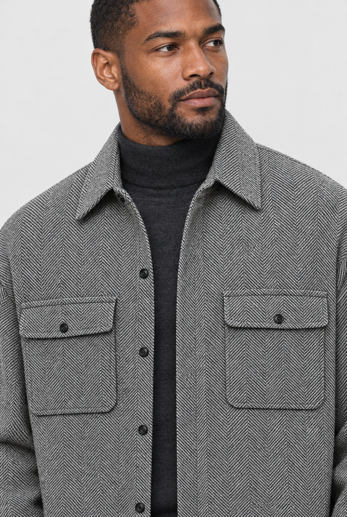 Grey Herringbone wool-look shirt jacket, collar