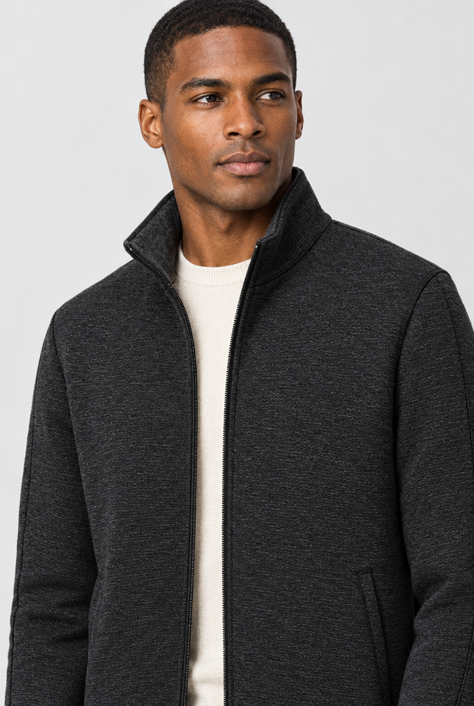 Black Fleece-Lined Stand-Collar Zip Jacket, collar close-up