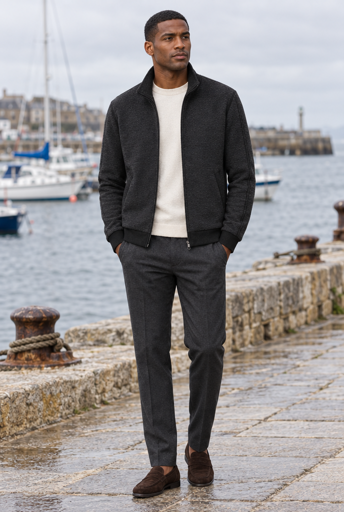 Black Fleece-Lined Stand-Collar Zip Jacket, lifestyle
