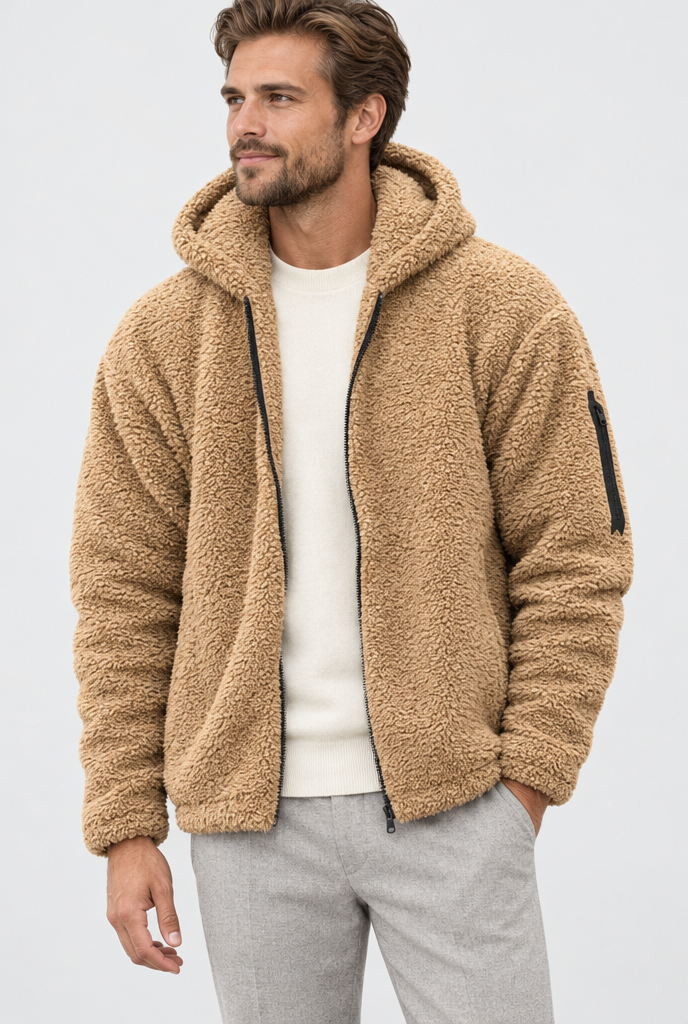Veste zippée à capuche en polaire teddy — Camel — photo studio