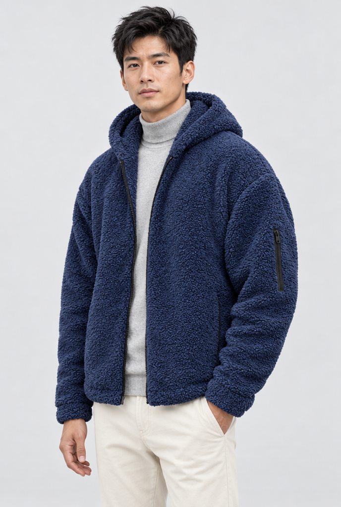 Veste zippée à capuche en polaire teddy — Marine — photo studio