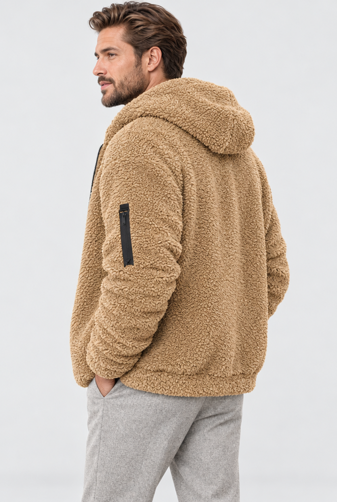 Veste zippée à capuche en polaire teddy — Camel — vue de dos