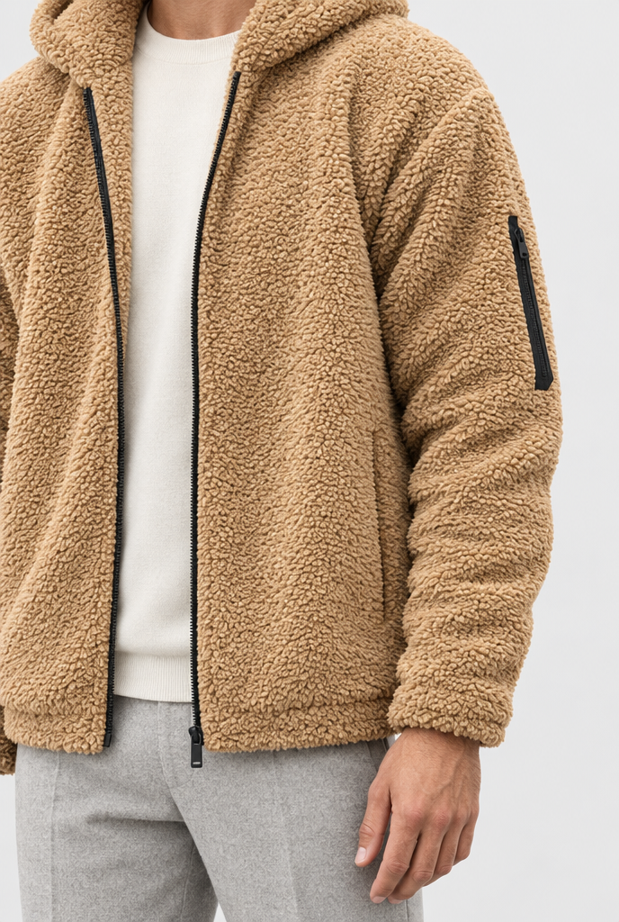Veste zippée à capuche en polaire teddy — Camel — détail