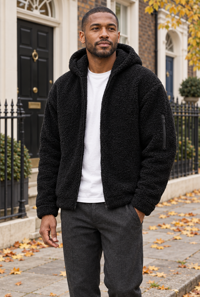 Veste zippée à capuche en polaire teddy — Noir — en situation