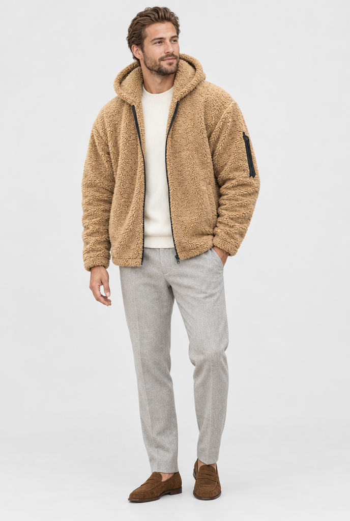 Veste zippée à capuche en polaire teddy — Camel — silhouette complète