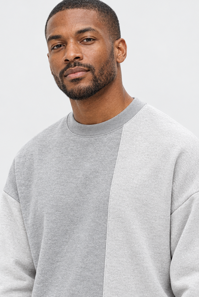 Sweat col rond oversize épaules tombantes — Gris bicolore — détail du col