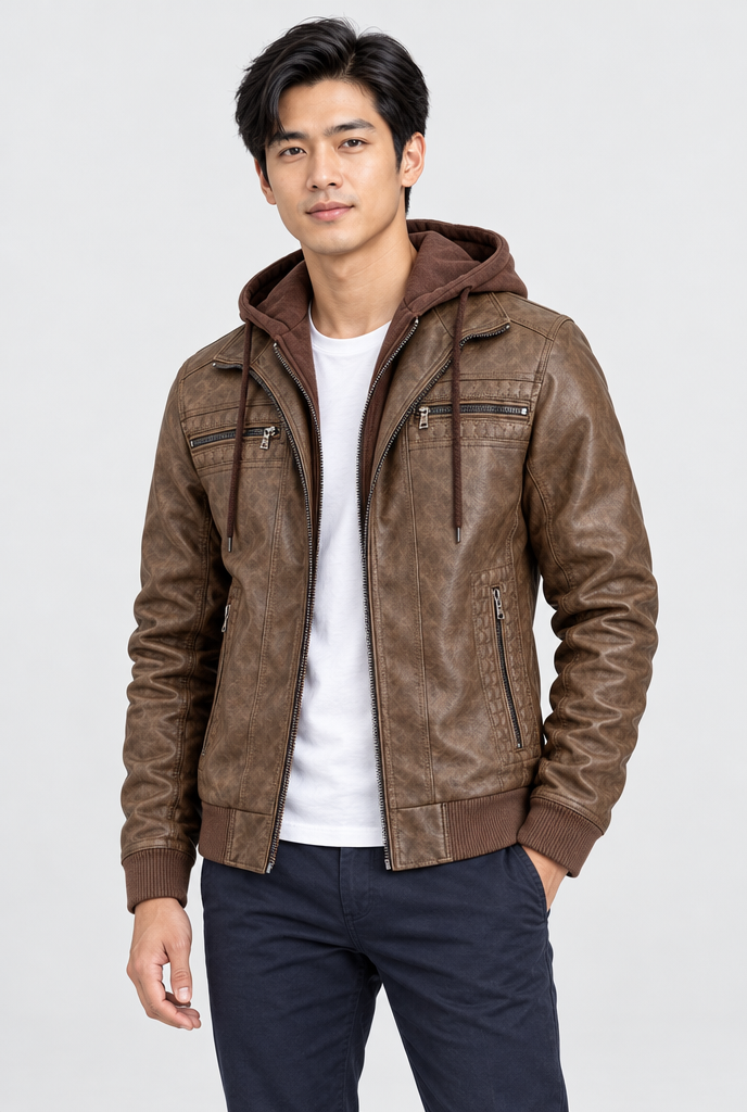 Blouson biker à capuche en simili cuir — Marron — photo studio