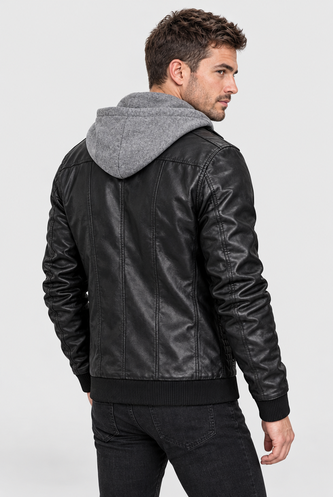 Blouson biker à capuche en simili cuir — Noir — vue de dos