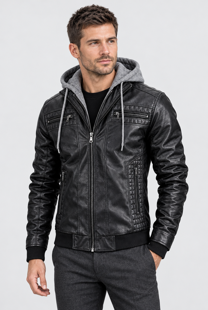Men's Hooded Leather-Look Moto Jacket