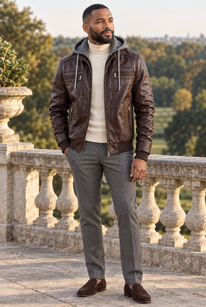 Blouson biker à capuche en simili cuir — Marron foncé — en situation