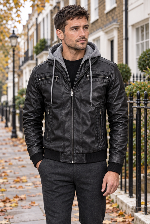 Blouson biker à capuche en simili cuir — Noir — en situation
