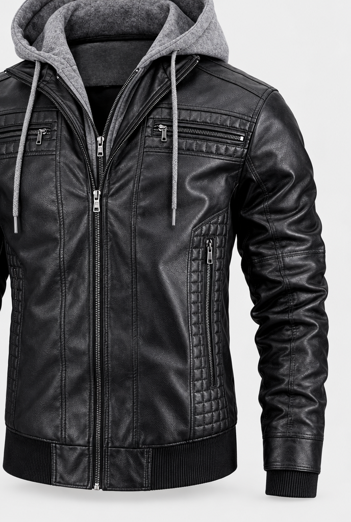 Blouson biker à capuche en simili cuir — Noir — détail