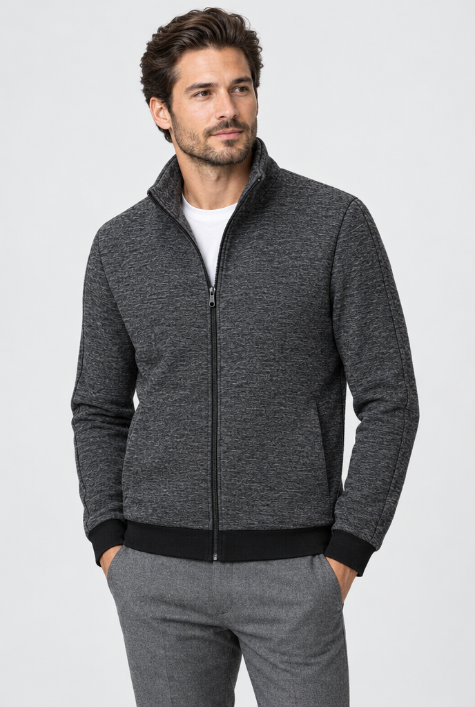 Heather Grey Fleece-Lined Stand-Collar Zip Jacket, studio hero