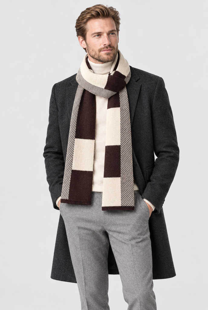 Écharpe en maille à carreaux color-block — Marron & crème