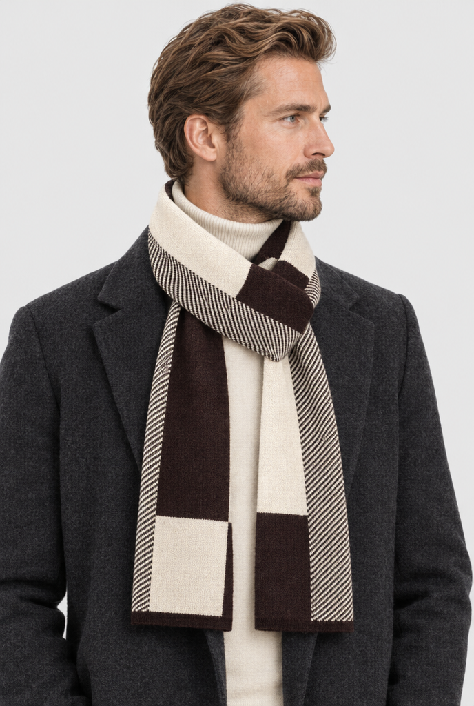 Écharpe en maille à carreaux color-block — Marron & crème