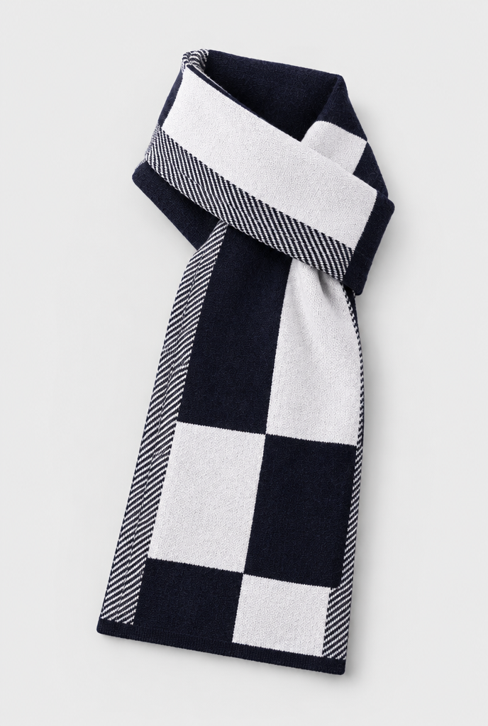 Écharpe en maille à carreaux color-block — Marine & blanc — packshot