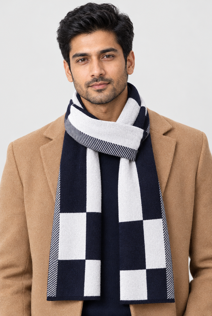 Écharpe en maille à carreaux color-block — Marine & blanc — photo principale