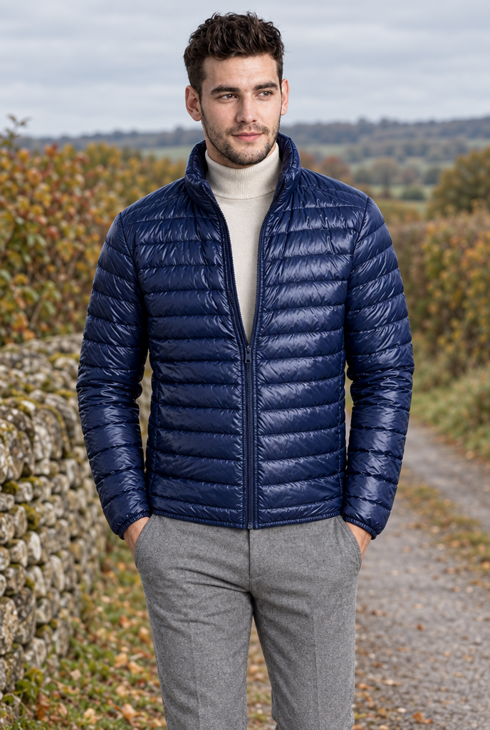 Navy lightweight puffer jacket, lifestyle