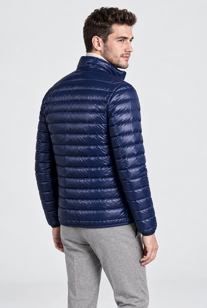 Navy lightweight puffer jacket, back