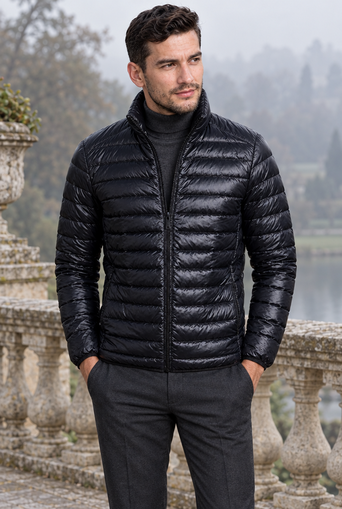 Black lightweight puffer jacket, lifestyle