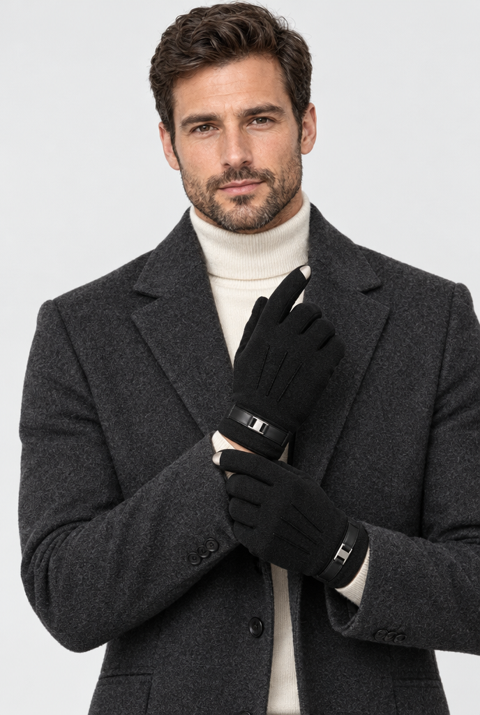 Black touchscreen gloves, worn portrait
