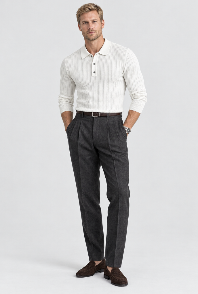 Pull polo manches longues en maille côtelée — Blanc — silhouette complète