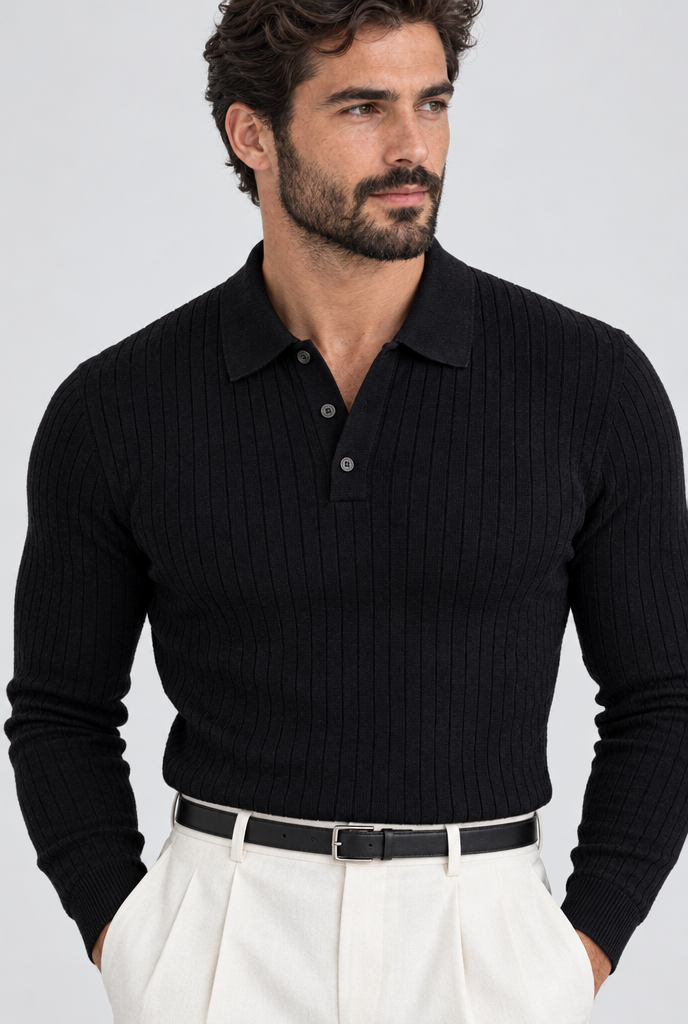 Pull polo manches longues en maille côtelée — Noir — col