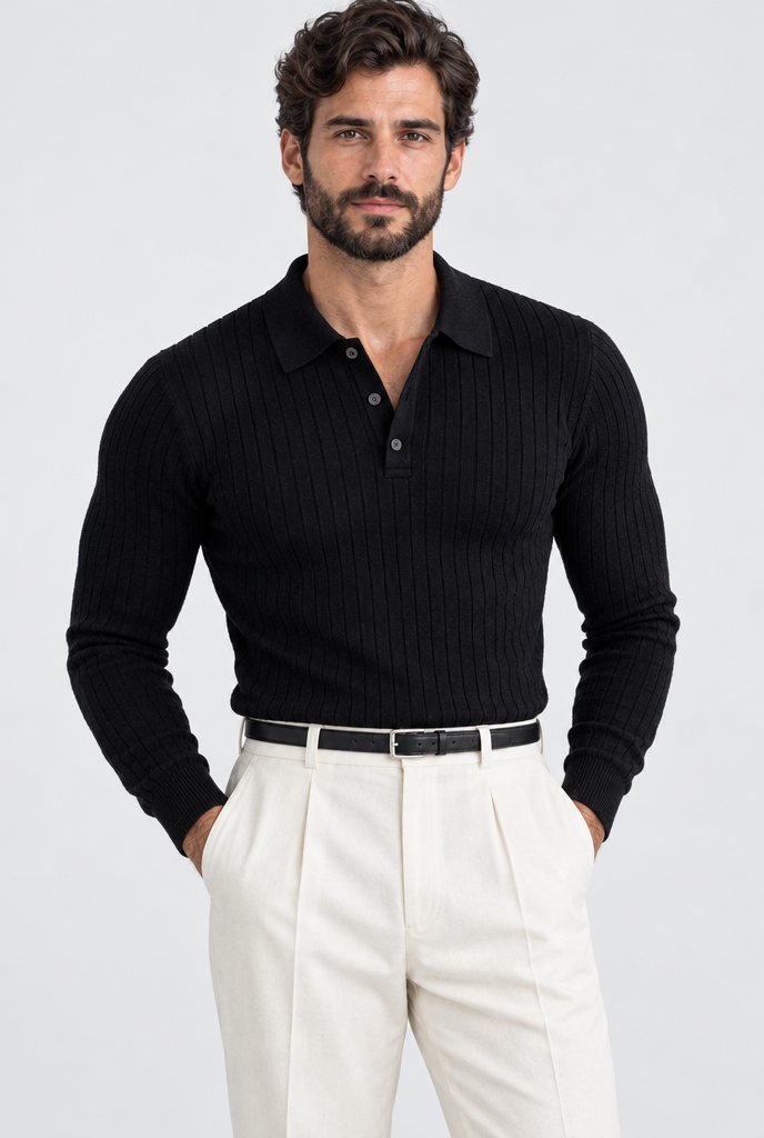 Pull polo manches longues en maille côtelée — Noir — studio