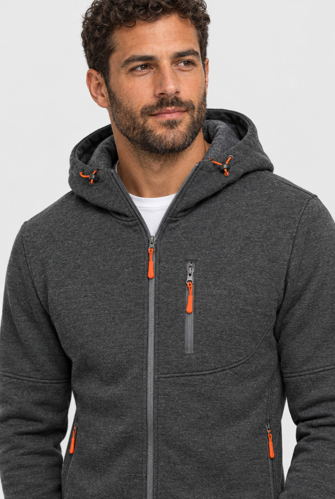 Sweat zippé à capuche, poches zippées contrastées — Anthracite — détail du col