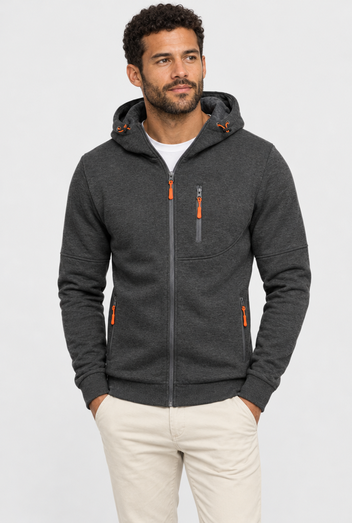 Sweat zippé à capuche, poches zippées contrastées — Anthracite — photo studio