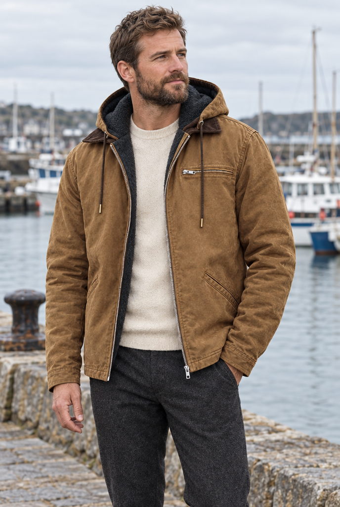 Camel fleece-lined hooded utility jacket, lifestyle