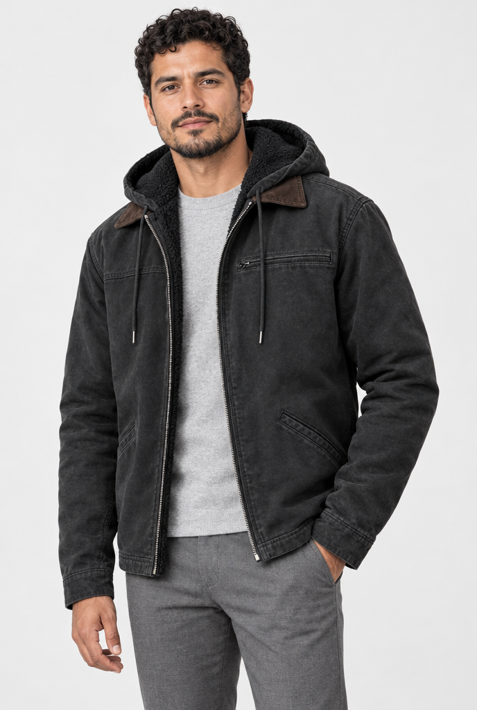 Black fleece-lined hooded utility jacket, studio hero