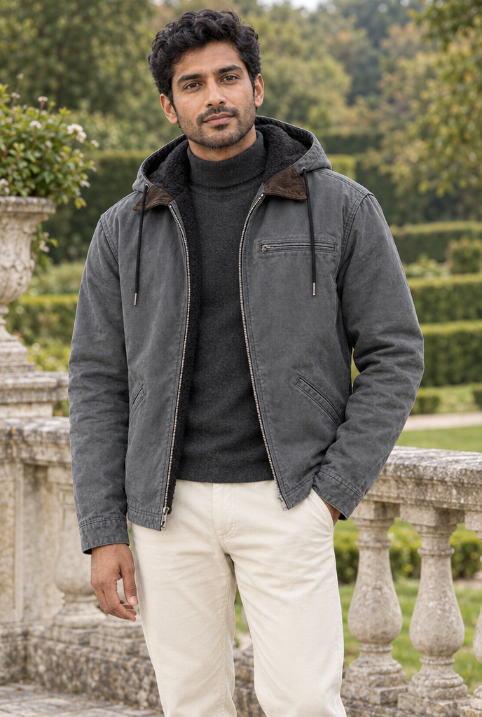 Slate Grey fleece-lined hooded utility jacket, lifestyle