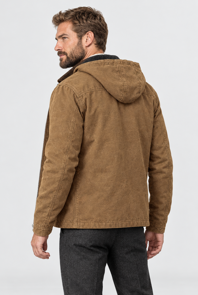 Camel fleece-lined hooded utility jacket, back view