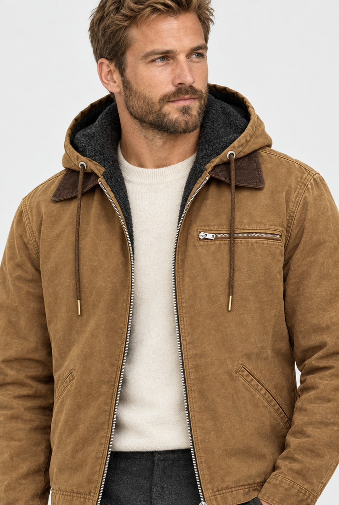 Camel fleece-lined hooded utility jacket, collar close-up