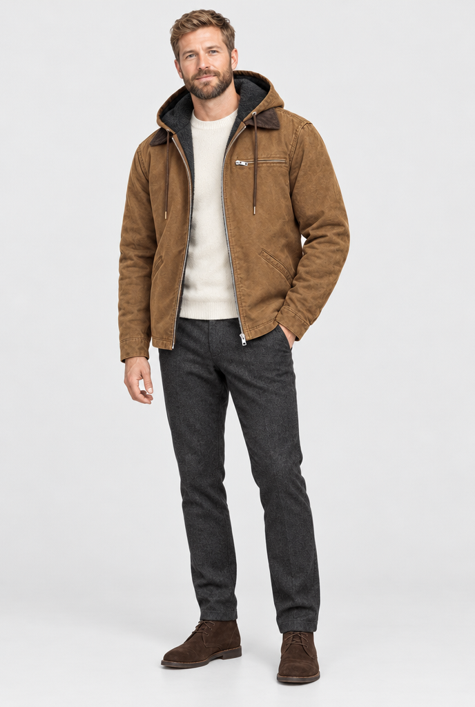 Camel fleece-lined hooded utility jacket, full body