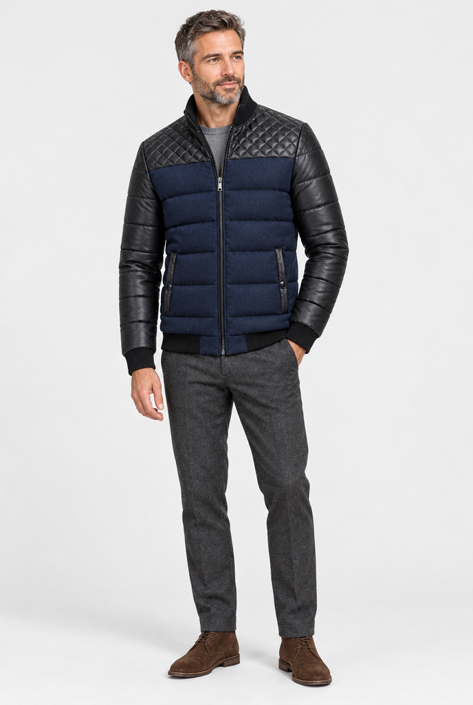 Navy quilted panel puffer jacket, full body
