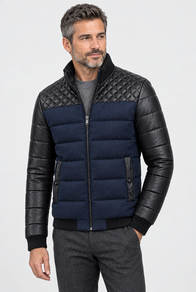 Men's Quilted Leather-Look Panel Puffer Jacket